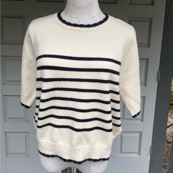 Nanette Lepore Striped Cream and Black Crew Neck Short Sleeve Sweater - Picture 1 of 10
